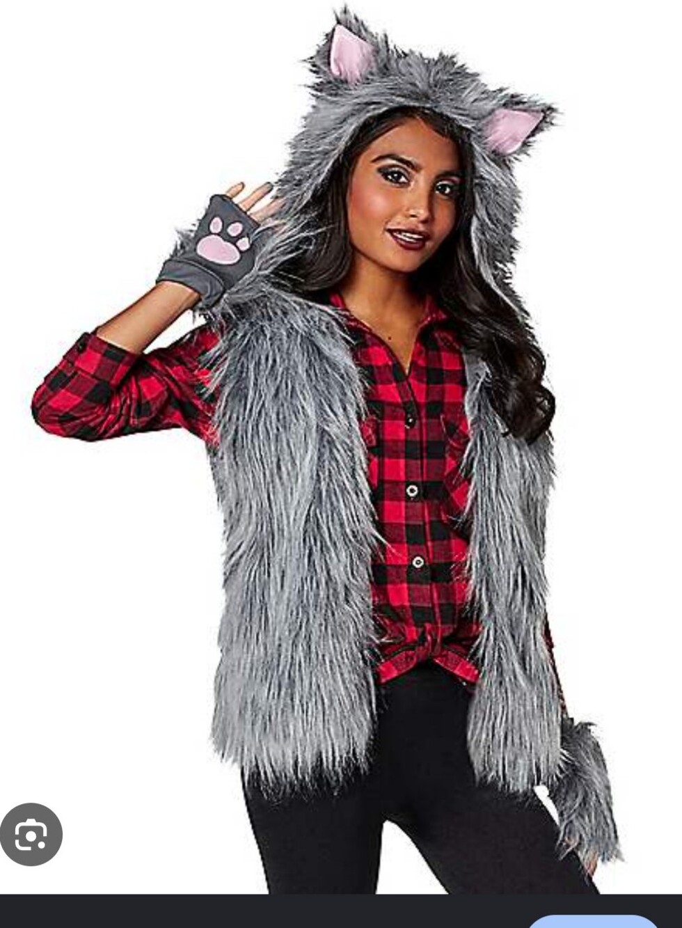 Spirit Gray Faux Fur Wolf Hooded Vest with Tail and Paw Gloves